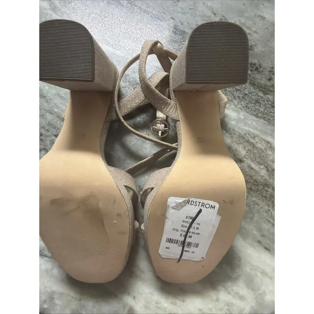 Nina SHELIA NUDE GLITTER NET BLOCK-HEEL PLATFORM SANDALS ANKLE-STRAP 7.5 SRS2
